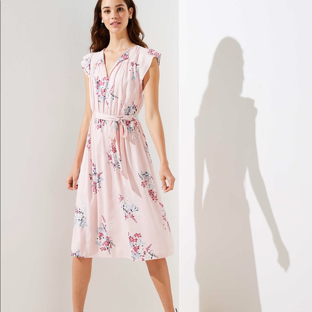 LOFT pink bouquet tie waist flutter dress size L